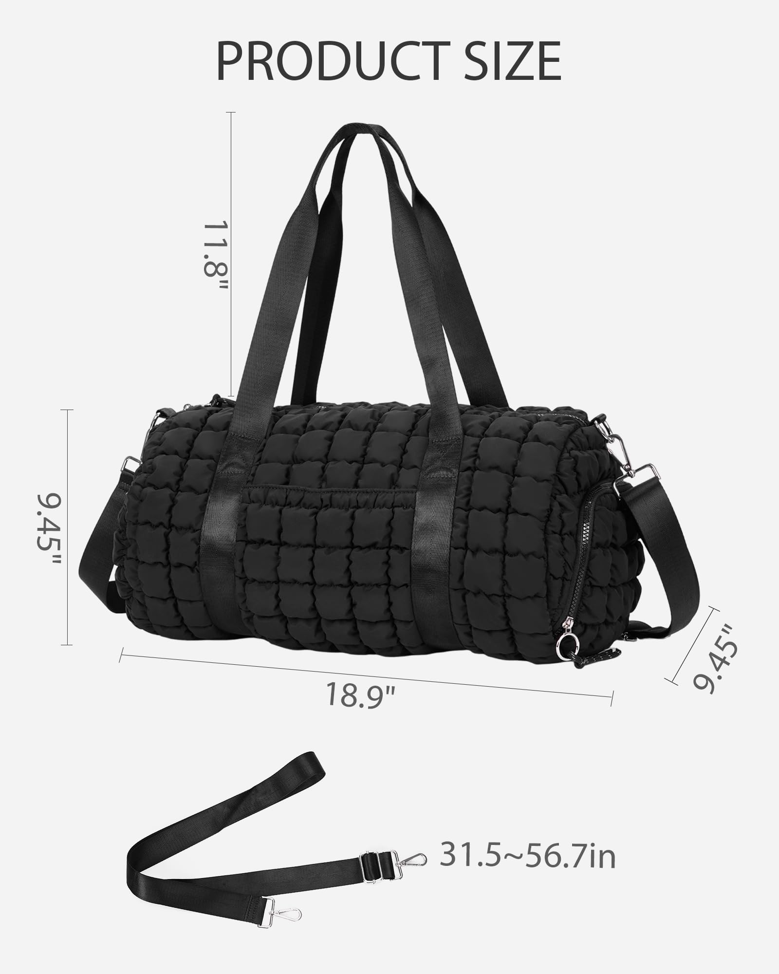 Lushandy Borsa da palestra da donna, trapuntata, borsa da palestra da viaggio, con scomparto per scarpe, borsa a tracolla per il weekend, nero, 18.9 x 9.4 x 9.4 inches, Borsone casual da viaggio da
