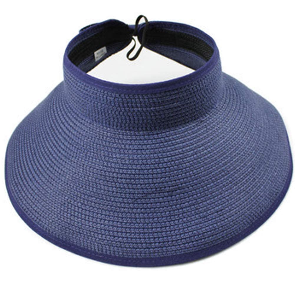 AUSUAYA Women Foldable Straw Sun Visor Beach Hat Wide Brim Ponytail Hole SM01, navy blue, M
