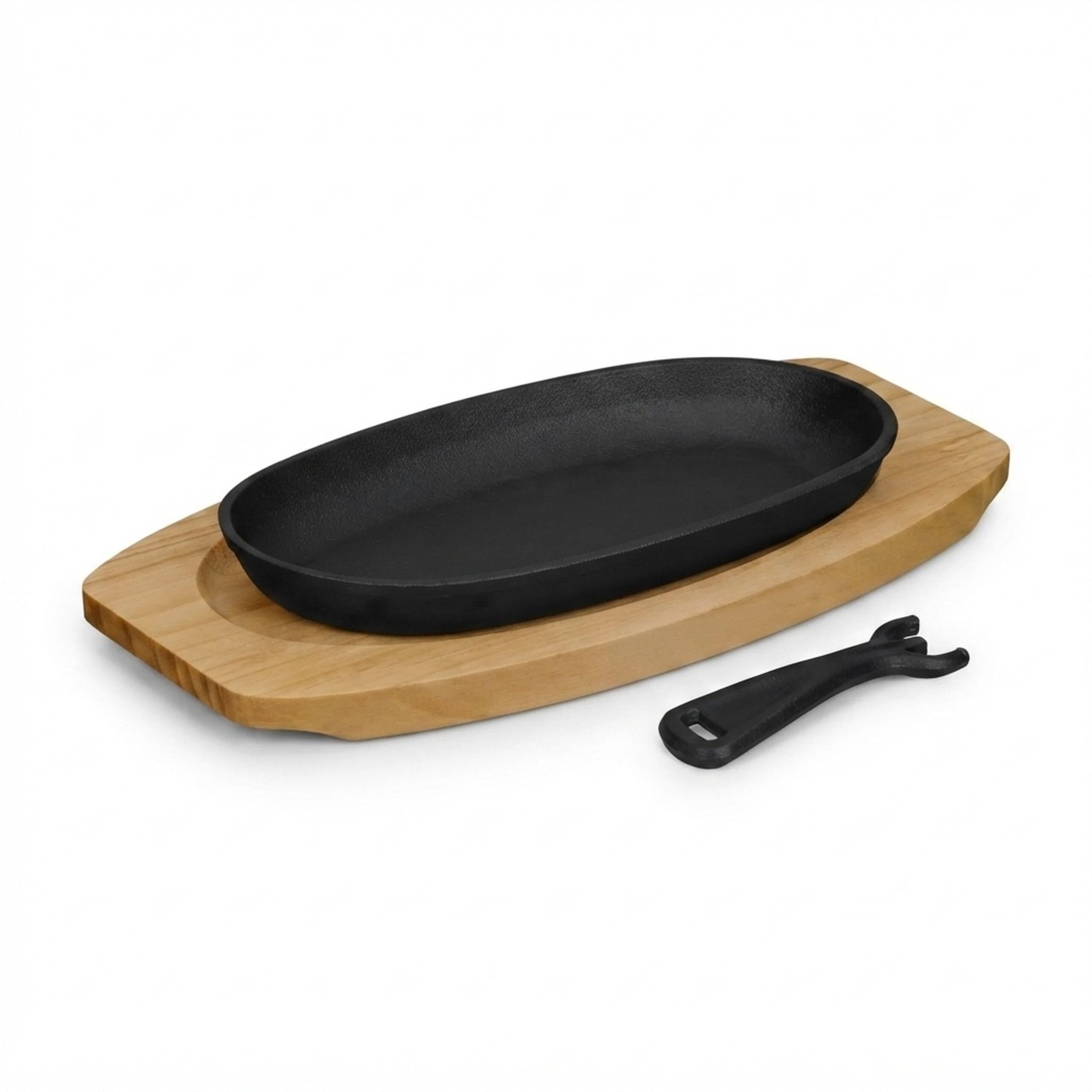 Relaxdays Sartén para Servir, Set 2, Hierro Fundido, Soporte Madera, Cacerola para Asar, Mango Removible, Negro/Natural