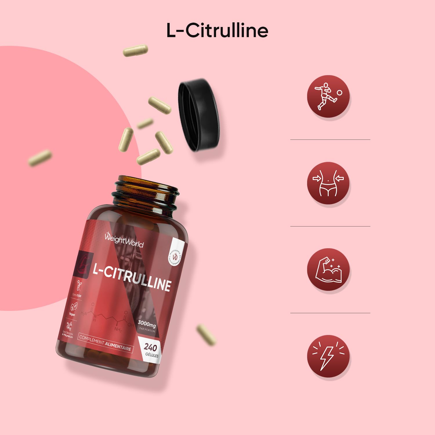 L Citrulline 3000mg, 240 Gélules Vegan Multi-Usages, Acide Aminé Citrulline Poudre Encapsulée pour 2 Mois sans Stéarate de Magnésium
