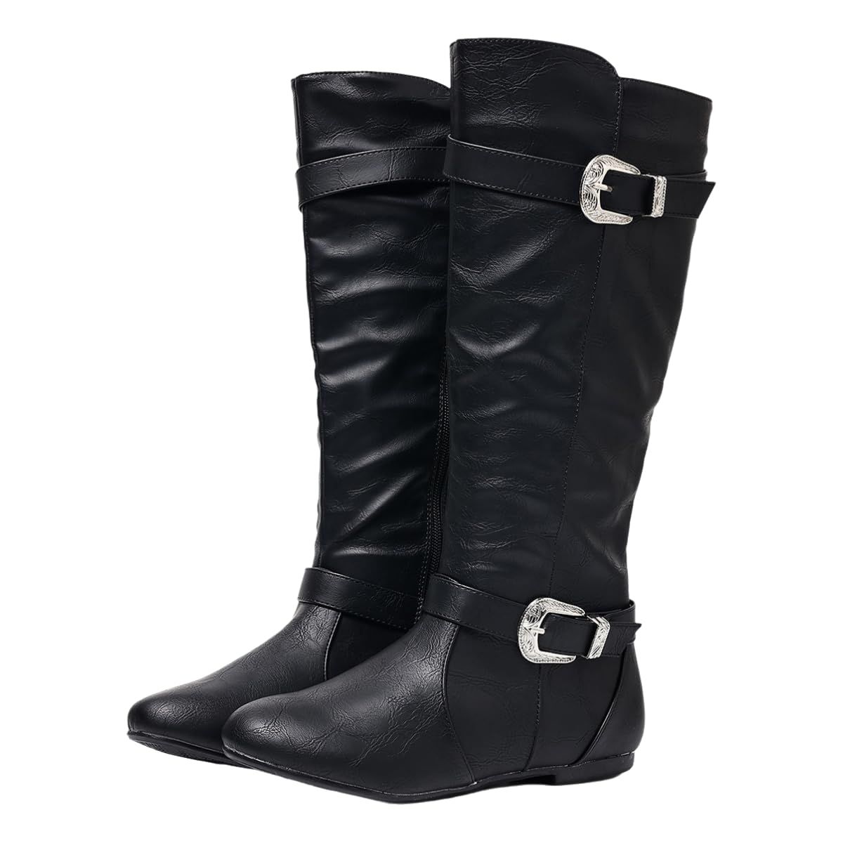 Womens Black Knee High Boots with Buckle Strap Water-Resistant Leather Wide Calf Boots 1cm Flat Heel Slouchy Design