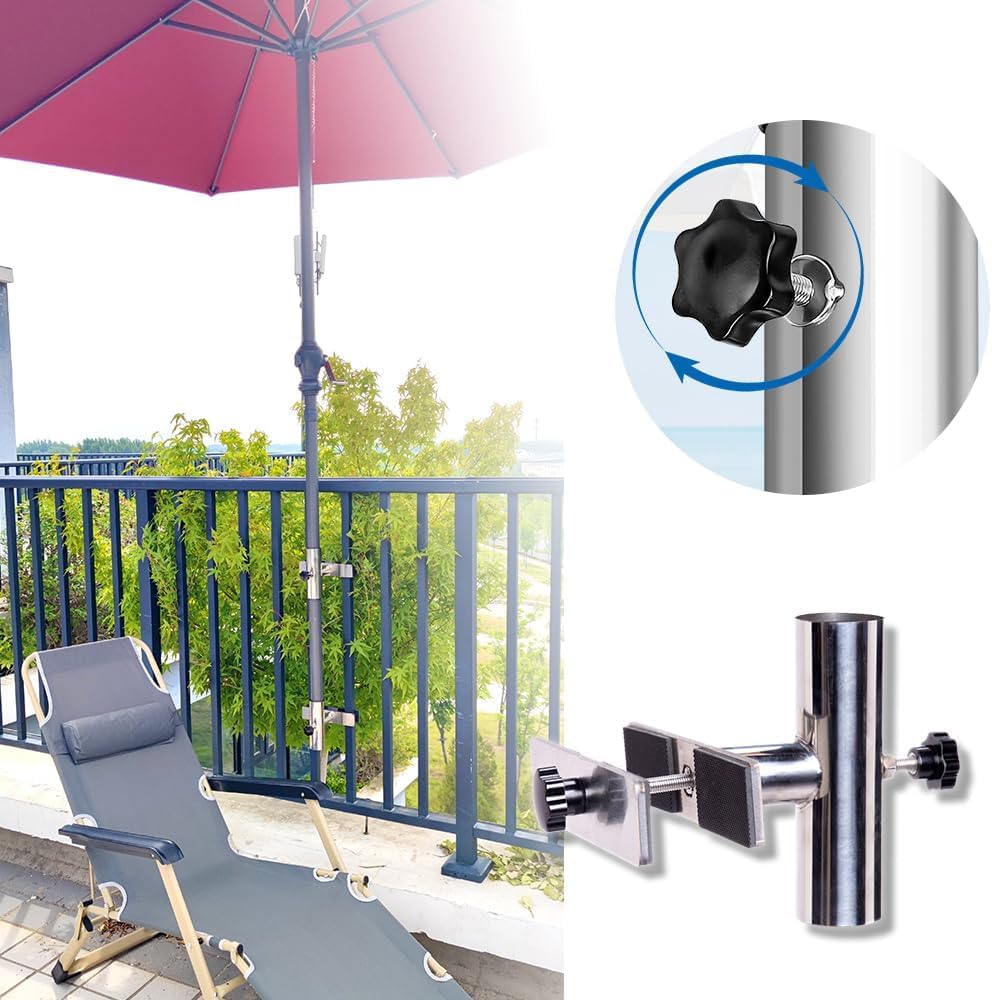 Adjustable Patio Umbrella Holder Clamp for Deck Railing and Poles | Outdoor Stainless Steel Umbrella Stand Base Bracket for Balcony, Patio Railing, Courtyard, Fences, Rust-proof, 2Pcs