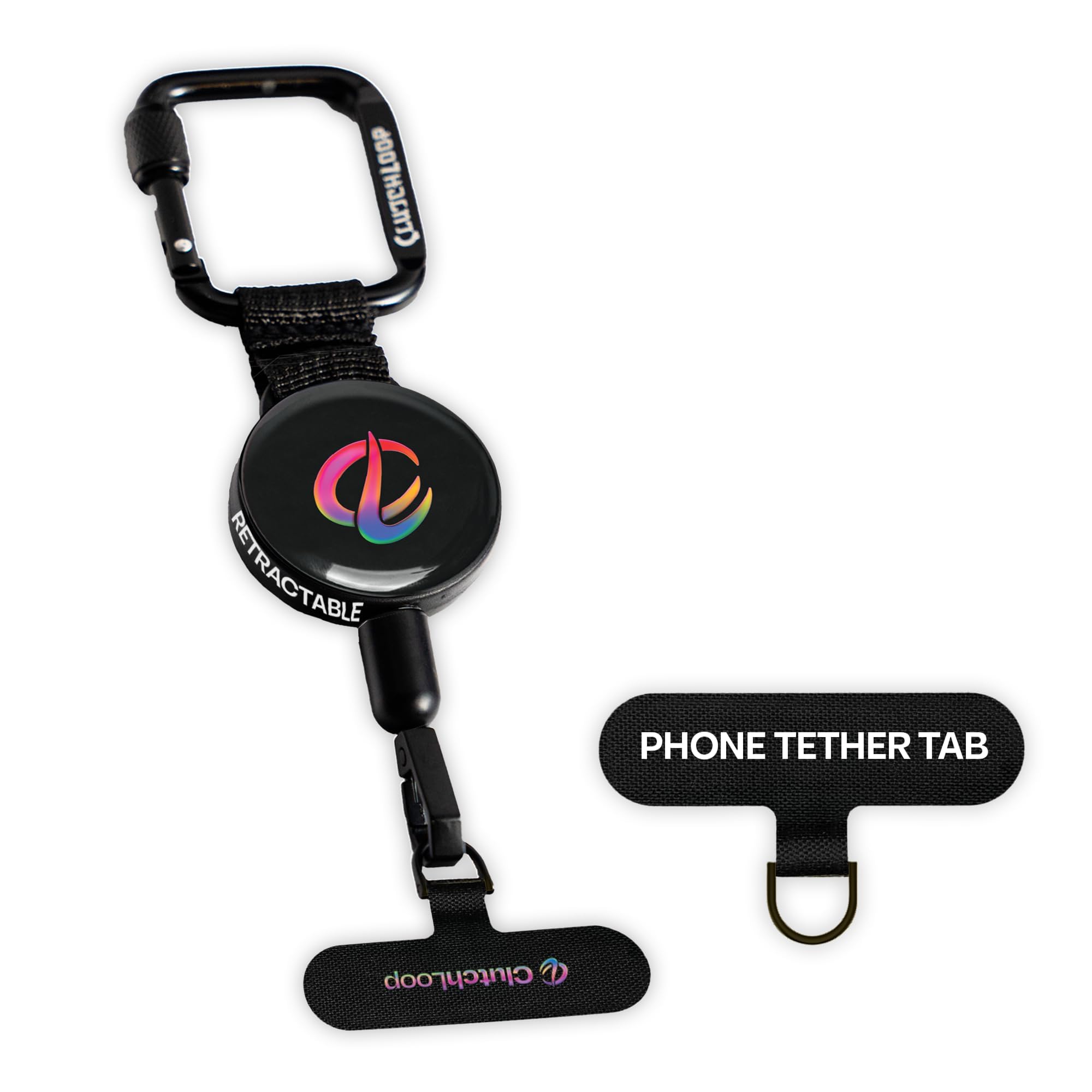 ClutchLoop Anti-Theft Phone Tether. Retractable steel line, Universal anchor & Locking carabiner, Black