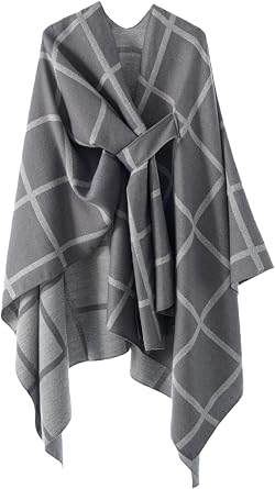 Womens Plaid Shawl Wrap Knitted Cape Open Front Poncho Scarf Blanket Warm Cardigan Sweater for Fall Winter