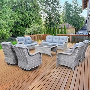 Outdoor Wicker Furniture Patio Set 7 Piece Backyard Furniture Light Grey Rattan Conversation Sets with Swivel Rocker Chairs Rattan Sofa Club Chairs and Coffee Table Baby Blue Cushion