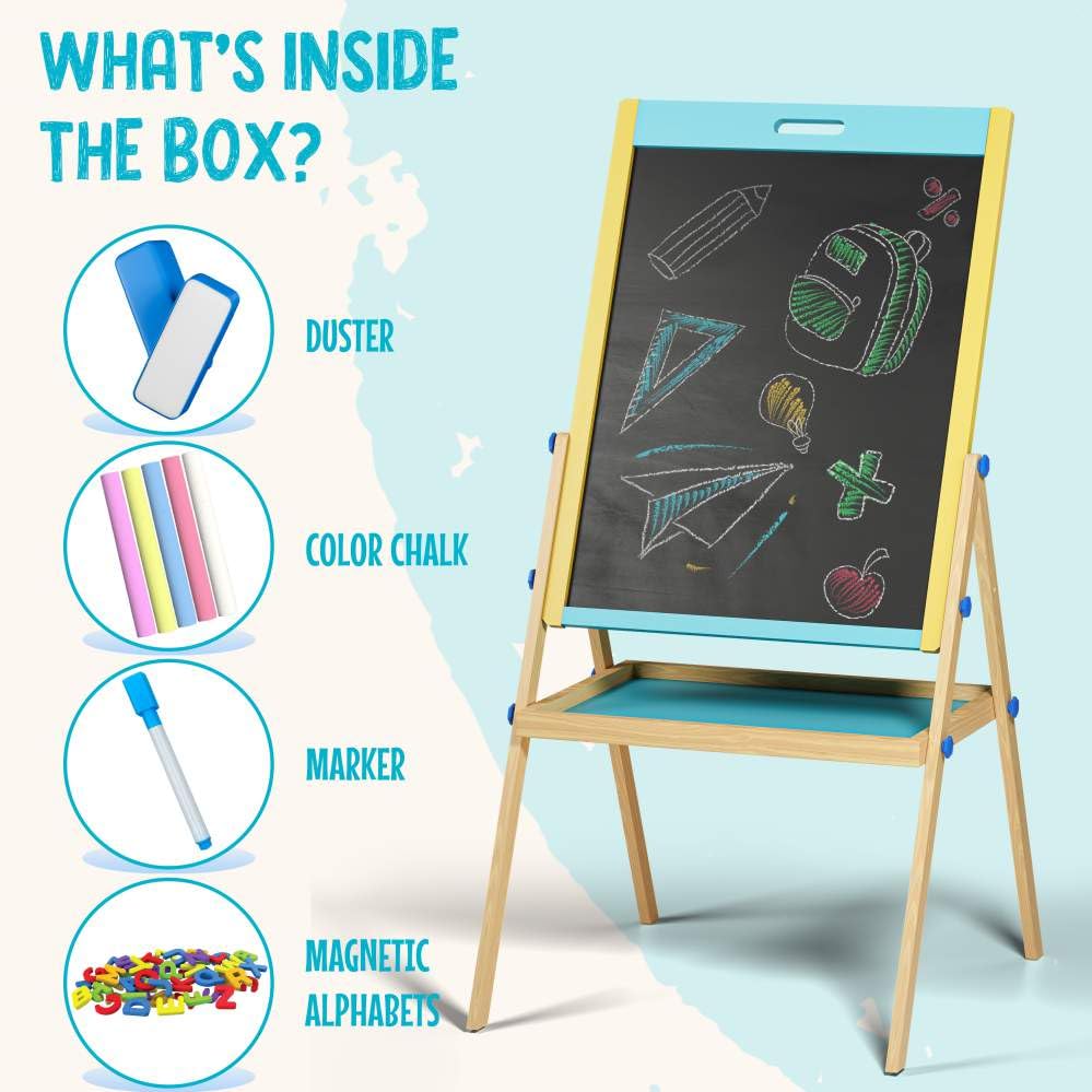 Image of Spartan Kids Wooden Easel Board for Kids 3-in-1 Whiteboard,Blackboard & Drawing Board for Kids | Montessori Toys for 3-10 Year Old, Reversible Board, Magnetic Alphabet Set Included