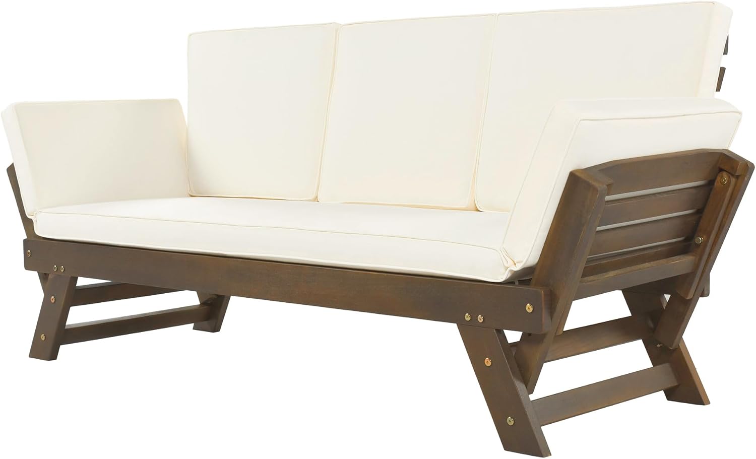 Outdoor Convertible Sofa Patio Daybed - Outdoor Adjustable Wooden Sofa Chaise Lounge with Adjustable Armrest Solid Wood Patio Lounge Sofas with Cushions, Brown Finish (Beige)