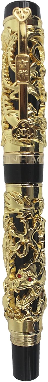 Auspicious Dragon and Phoenix Fountain Pen, 3D Metal Engraving, Medium Nib, Gold with Black