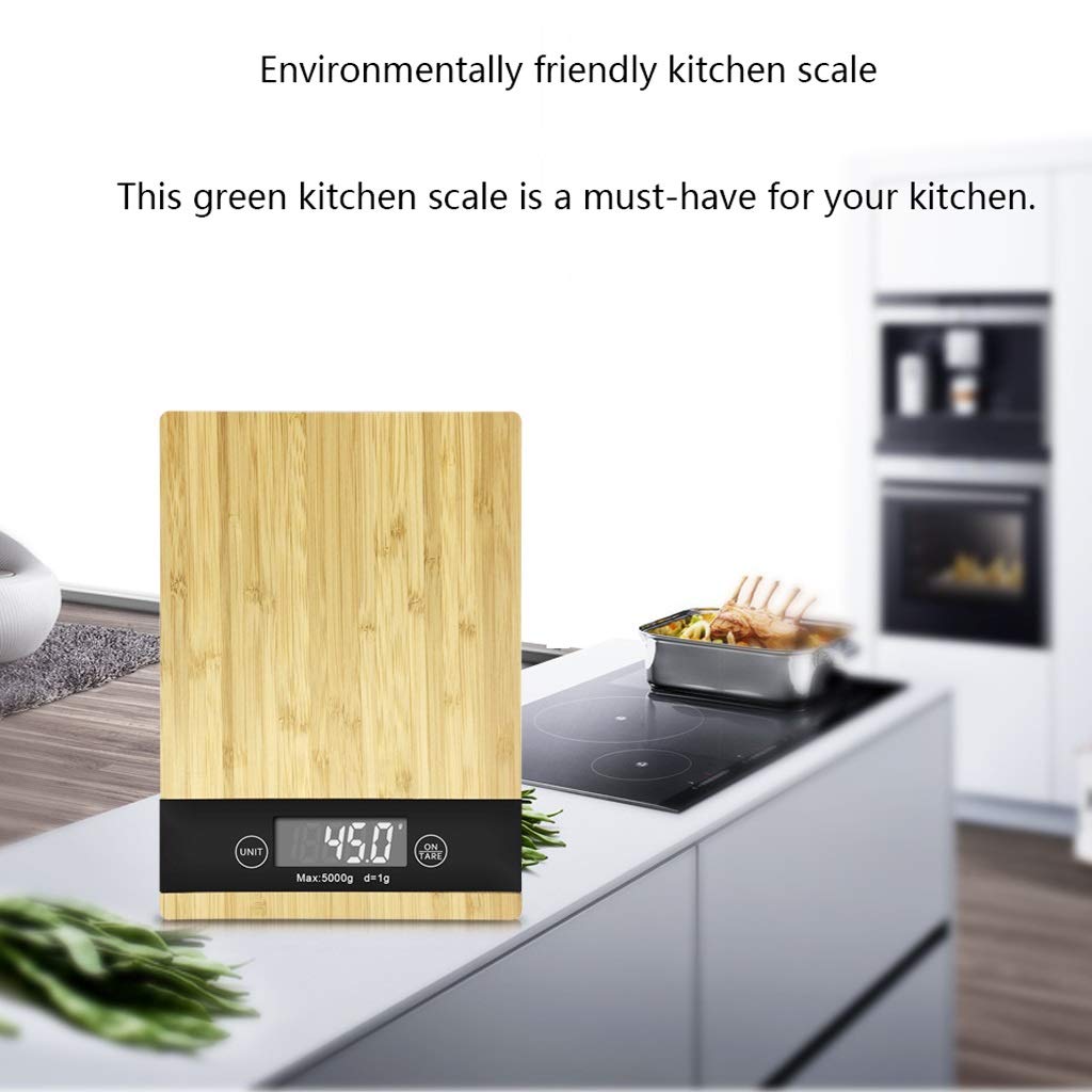 Báscula de cocina digital multifunción, plataforma grande de 1 g a 5 kg/11 lb y pesaje electrónico de alimentos LCD retroiluminado, material de madera de bambú fácil de limpiar