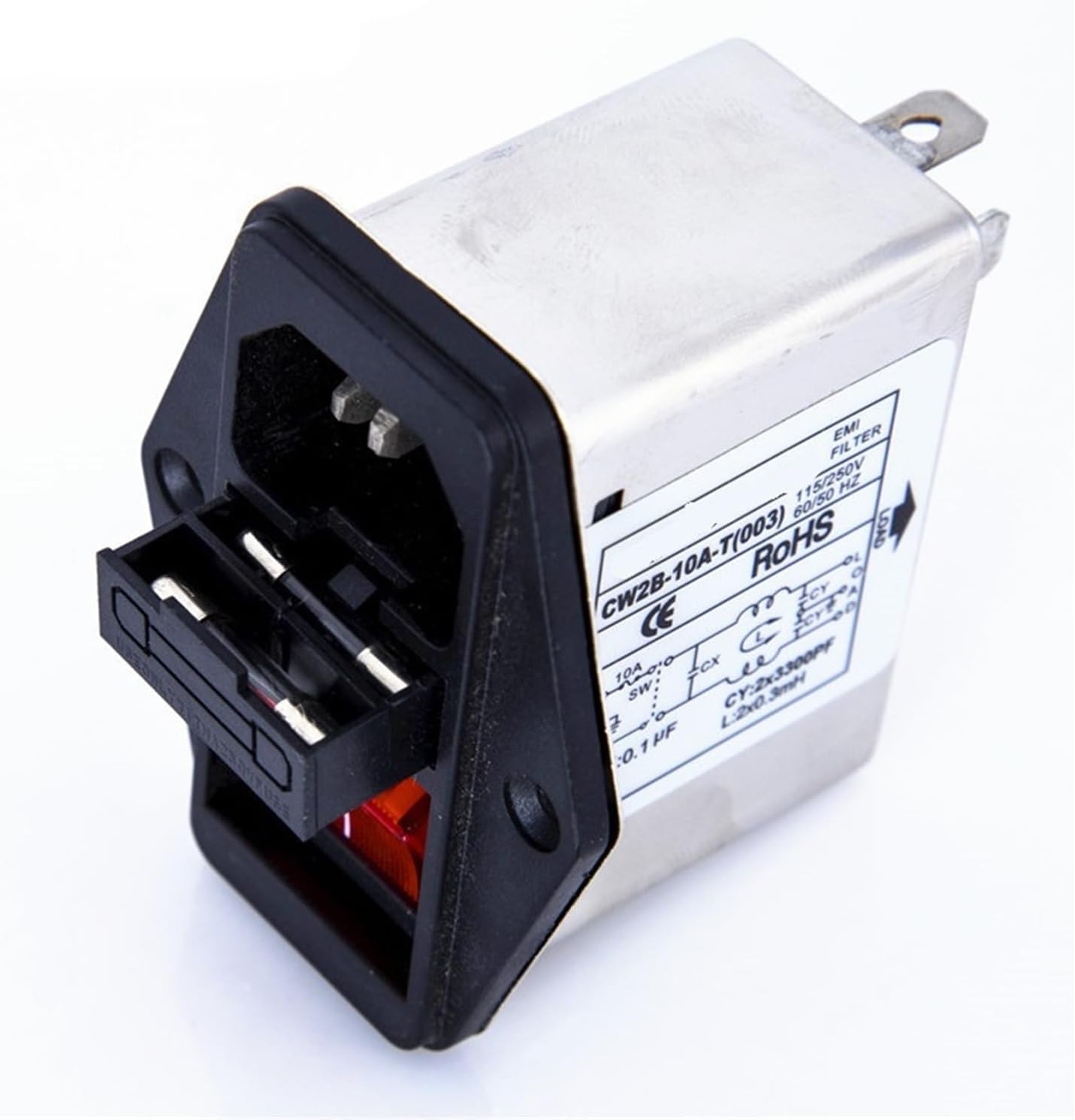 CW2B-10A-T(003) 10A Power EMI Filter with Big Rocker Switch & Amp Socket Connector(Black)