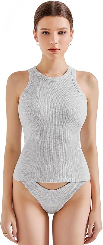 SUUKSESS Women Padded Cotton Ribbed Tank Tops High Neck Racerback Basic Tops