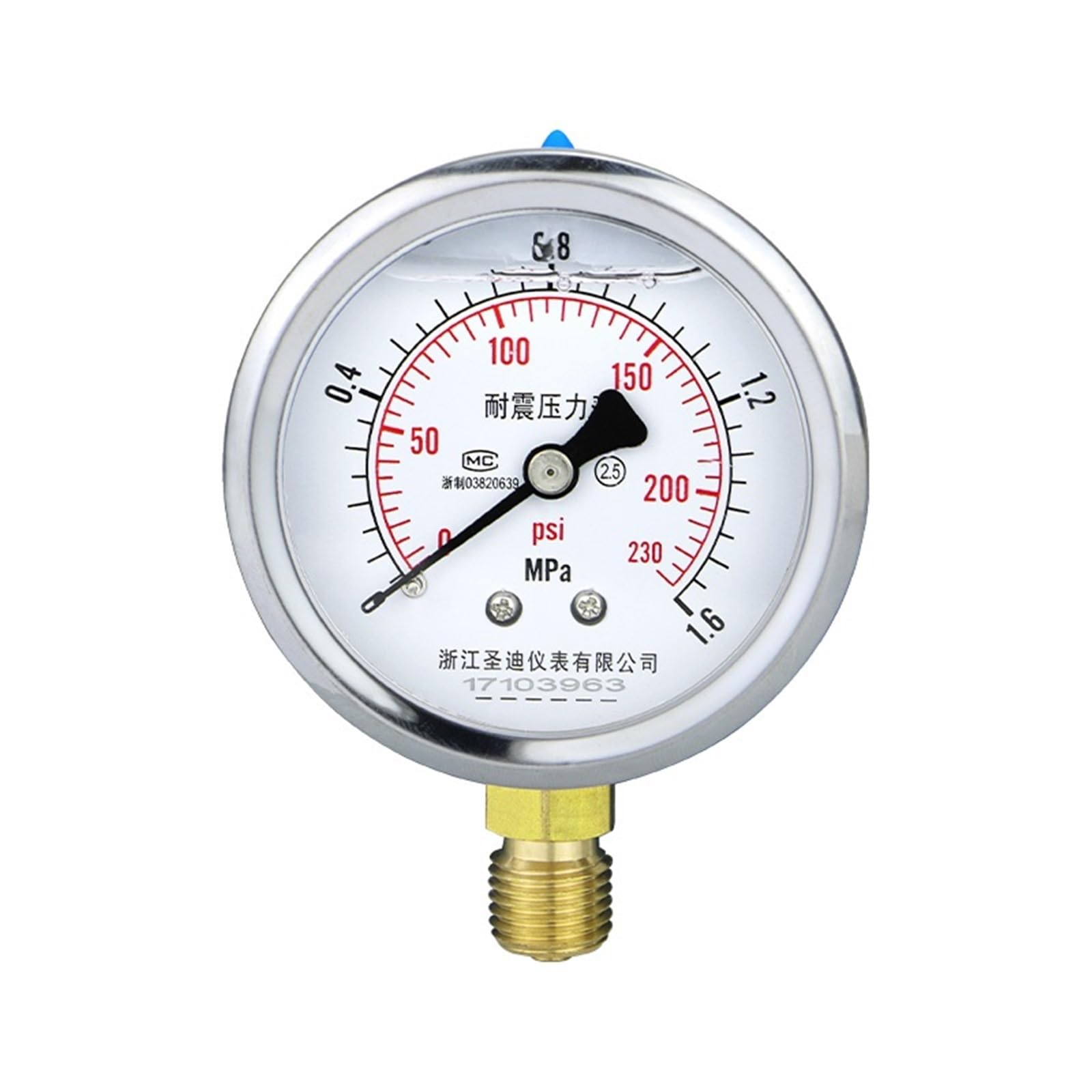 Manómetro de llenado de glicerina de 62,5 mm (2,5 pulgadas), 1 MPa, con carcasa de acero inoxidable y junta de latón, for agua, aceite y gas.(0-0.1Mpa)