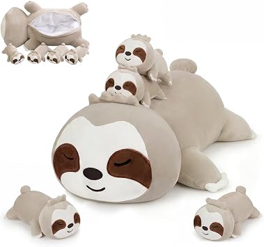 SQEQE Sloth Stuffed Animals with Babies Inside 5-Piece Set of Sloth Mommy and Babies Plush Cuddly Stuffed Animals Toys for Kids, Gifts Ideal for Christmas, Valentines, Birthday