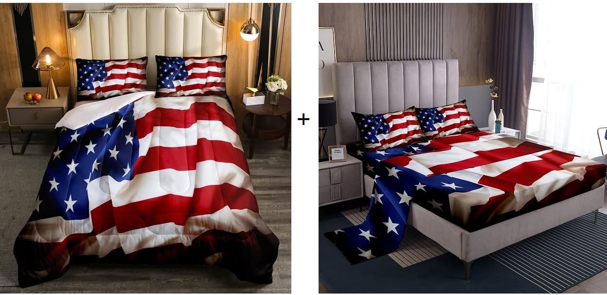 Erosebridal 7 Pieces American Flag Comforter Set with Fitted Sheet Set