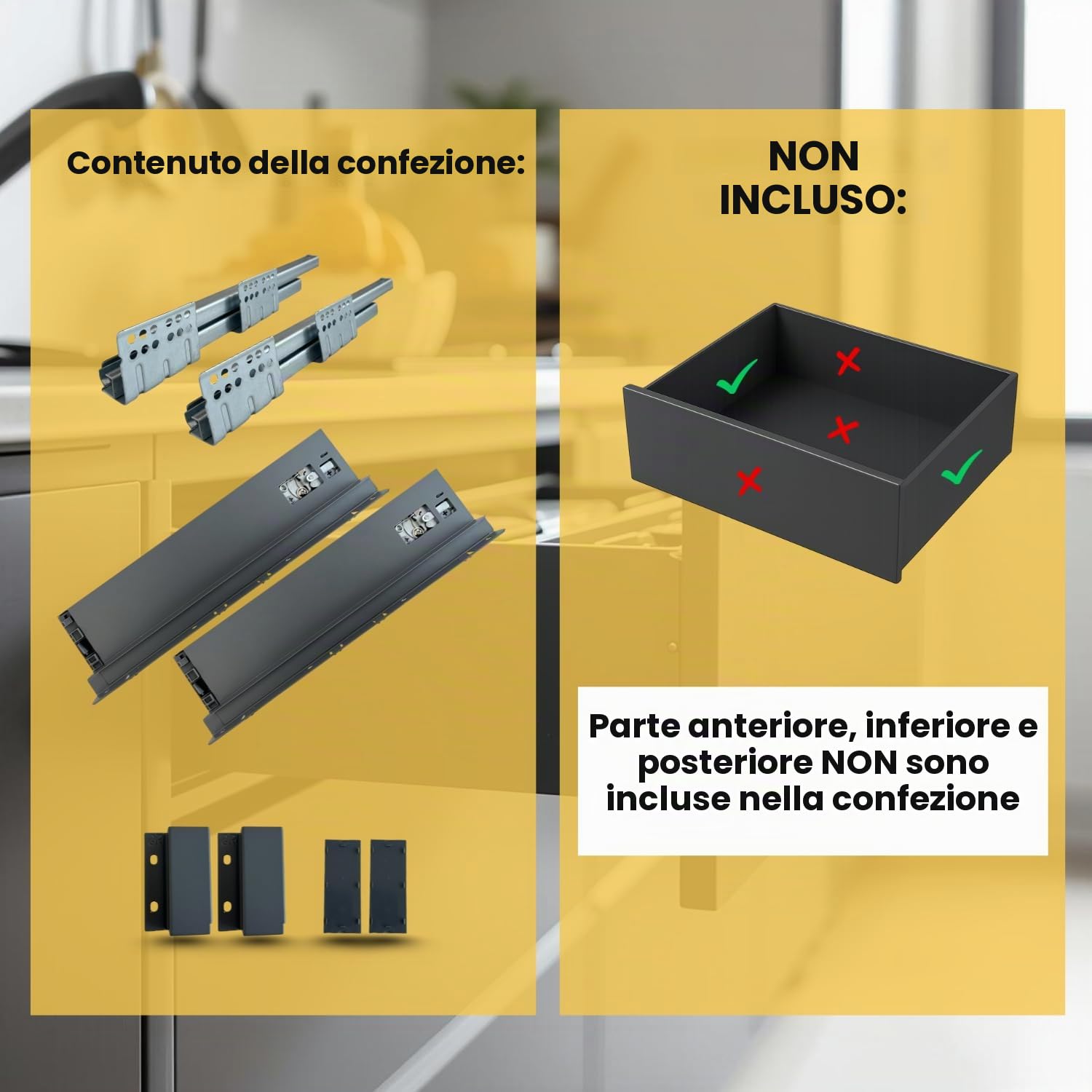 CASSETTO in KIT Ad Estrazione Totale per Ambiente Camera Bagno Cucina Ufficio - Nuovo Design SLIM, Portata 40kg, Guide Sincronizzate (H 88mm - P 450mm)