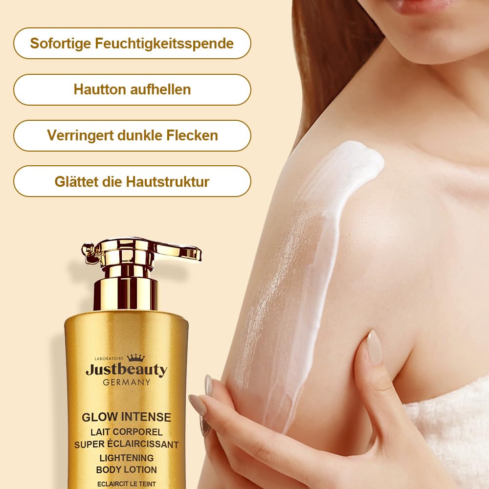 Glow Intense – Lait Corps Unifiant & Éclat 500 ml – Aide à améliorer l’apparence des taches pigmentaires et du teint irrégulier – Niacinamide, Acide Tranexamique & Alpha-Arbutine – Justbeauty Germany