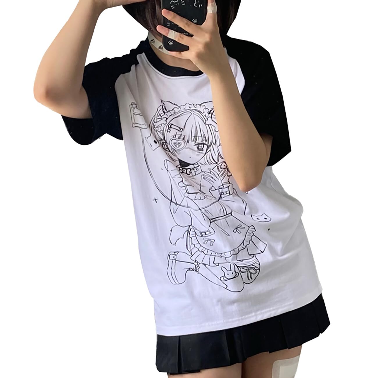 [ZYOOFOV] 地雷系 Ｔシャツ レディース 半袖 綿100% ラグランスリーブ ラウンドネック 女の子プリント 病み可愛い メンヘラ サブカル系 原宿系 ゆったり 薄手 水色 夏