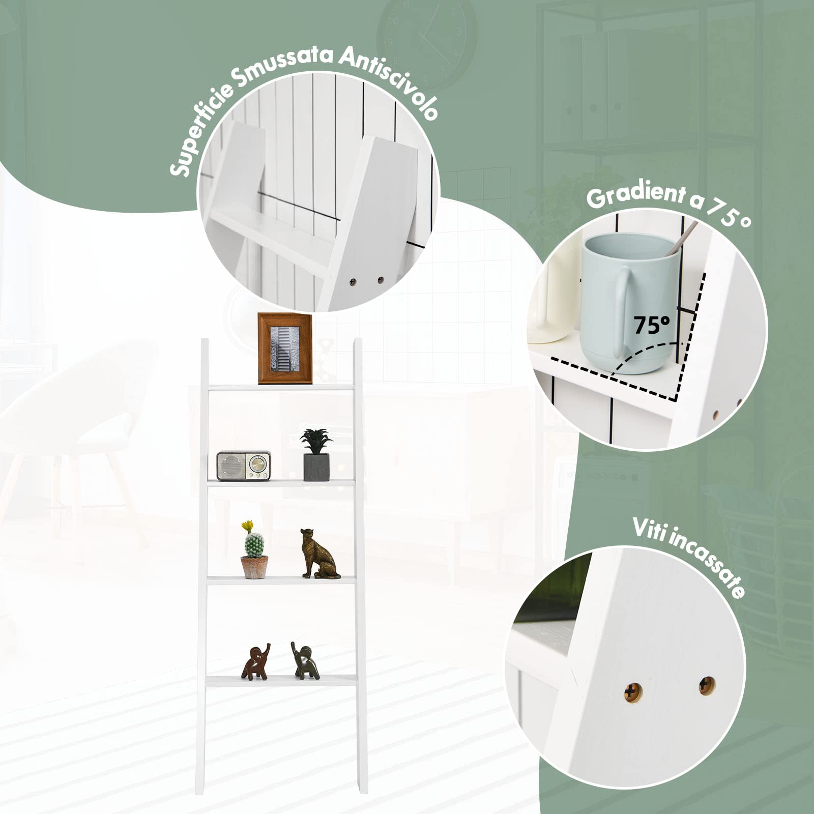 COSTWAY Scaffale di Stoccaggio in Legno di Pino, Porta Asciugamani a 4 Livelli per Bagno, Porta Salviette, Multiuso per Bagno Soggiorno (Bianco, 51 x 8 x 137 cm)