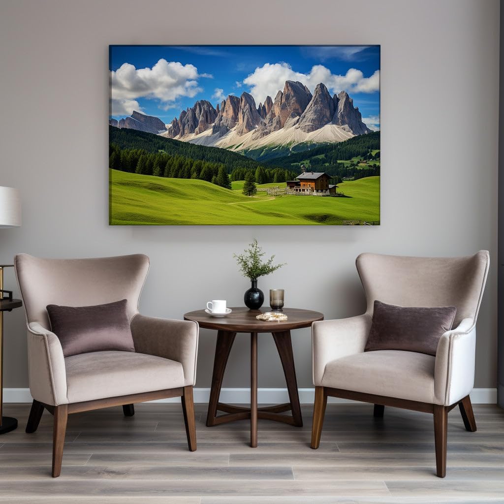 Canvas for Living room. Whispering Peaks and Serenity: Embracing the Idyllic Landscape of Snow-Capped Mountains and Verdant Fields, 27 x 18 inch Canvas Wall Art - Modern Home Decor