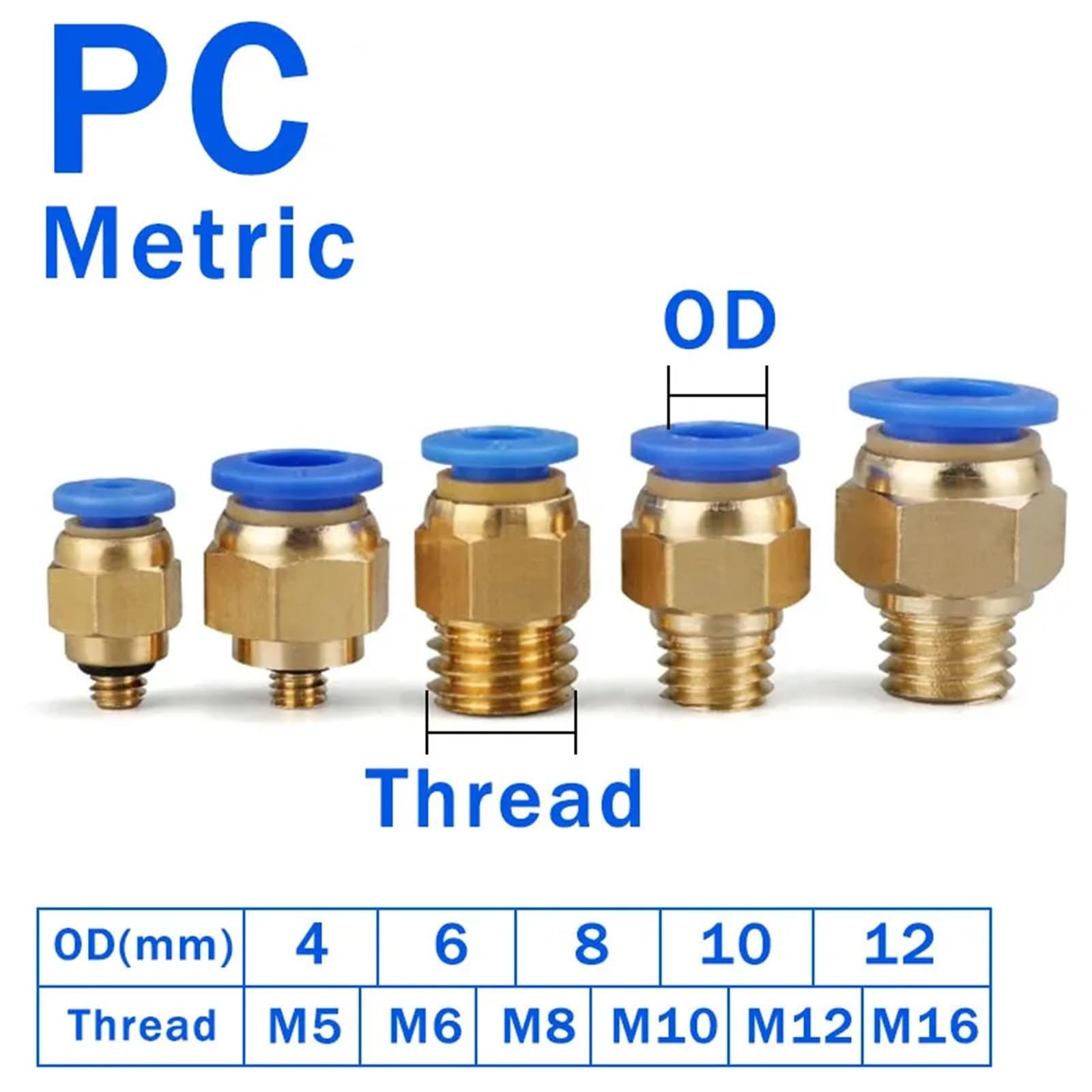 Conectores rápidos de montaje neumático para PC, M5, M6, M8, M10, M12, M14, M16, M20, 100 unidades (PC4-M5 x 0.75)