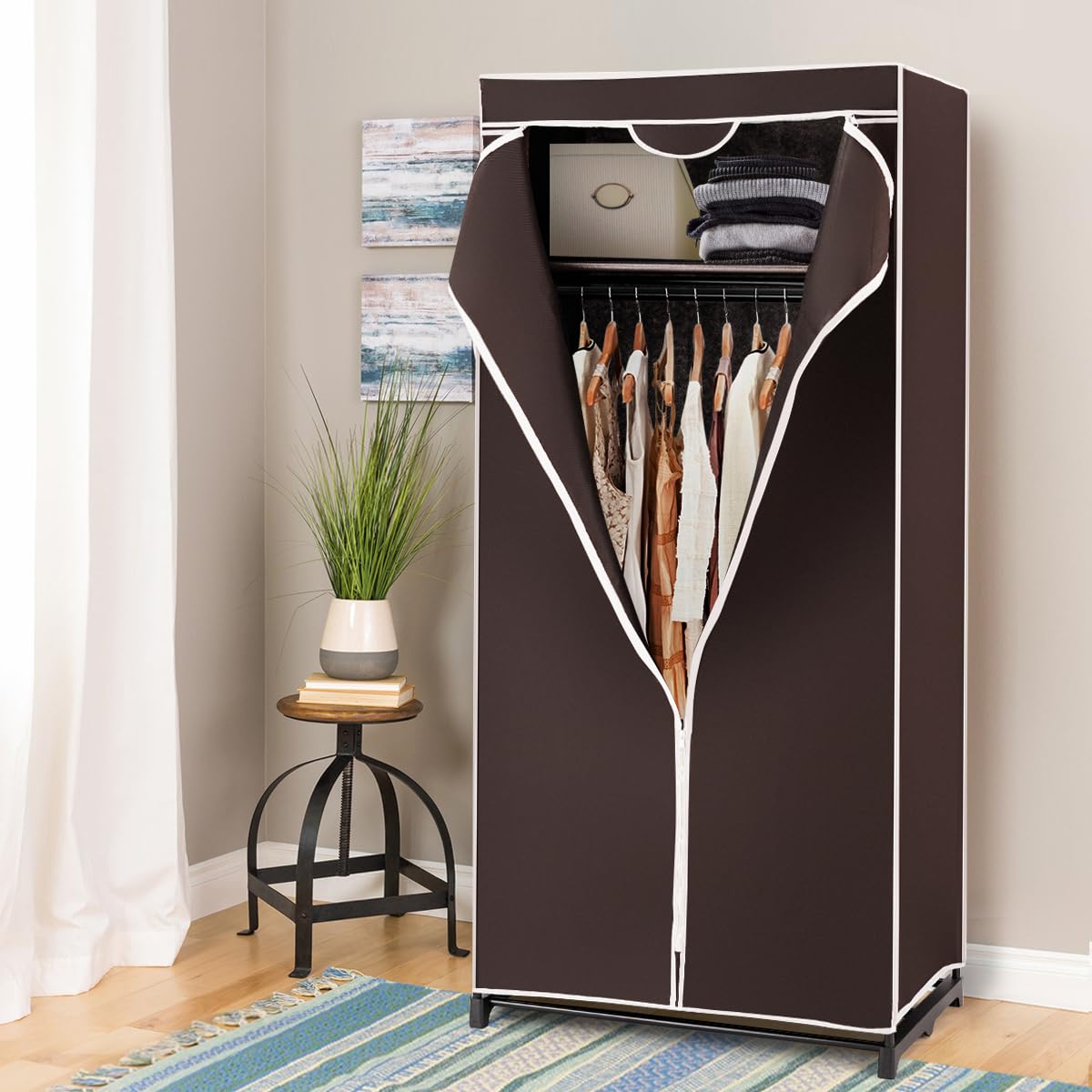 HOMASIS Armario de Tela Plegable y ahorrador de Espacio con Funda guardapolvo, Armario Plegable con Cremallera, Muebles de habitación para Dormitorio, baño, salón, 74 x 50 x 172 cm (Marrón)