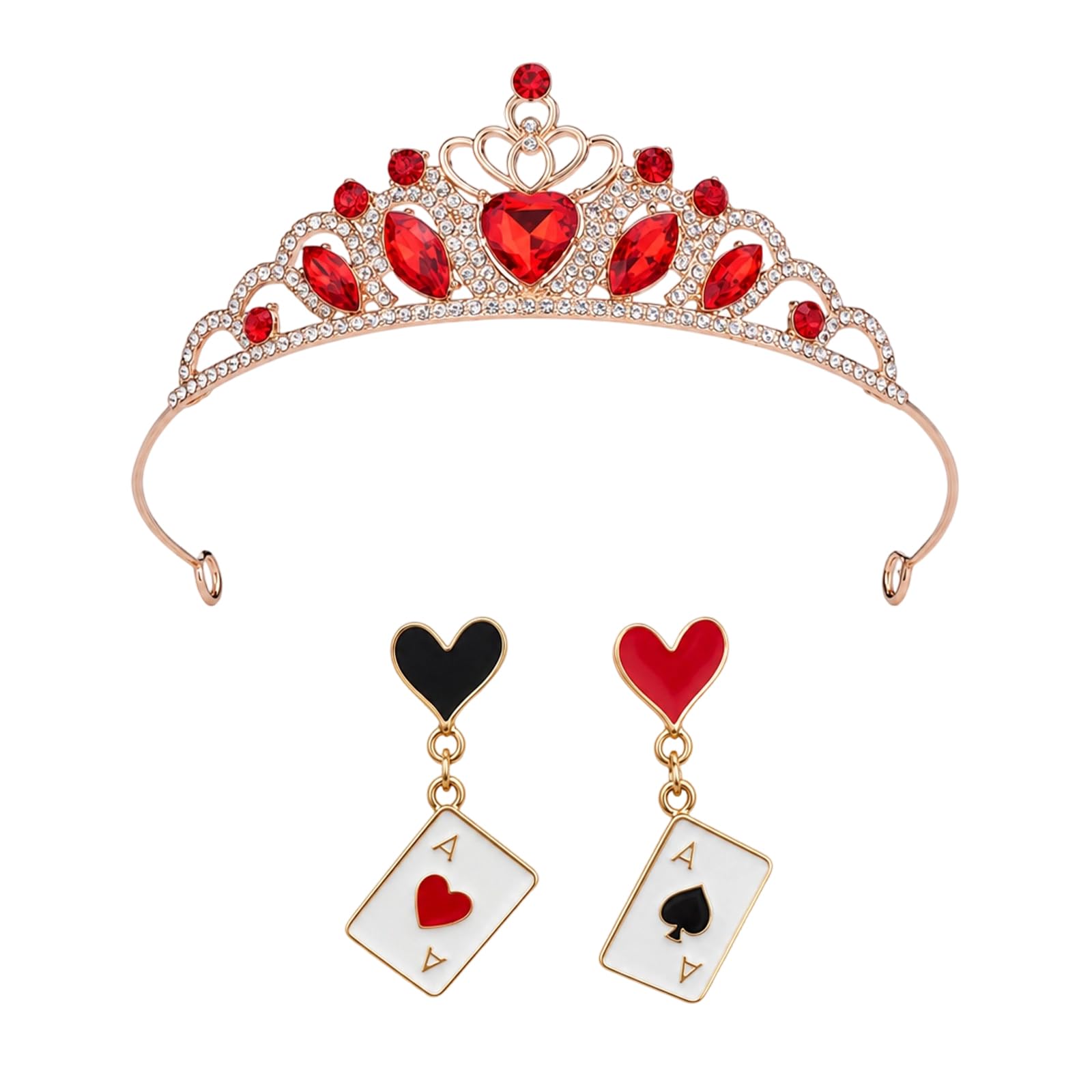 3pcs Queen of Hearts Accessories Set: Red Crown & Poker Card Earrings, Red Tiara for Women, Perfect for Weddings, Carnival, Theatrical Performances and Birthday Parties, Birthday Parties