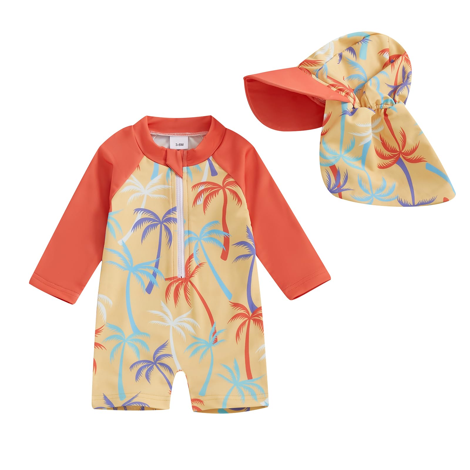 Infant Baby Boy Girl Swimsuit One Piece Long Sleeve Zipper Bathing Suit Toddler Rash Guard Kids Swimwear with Hat