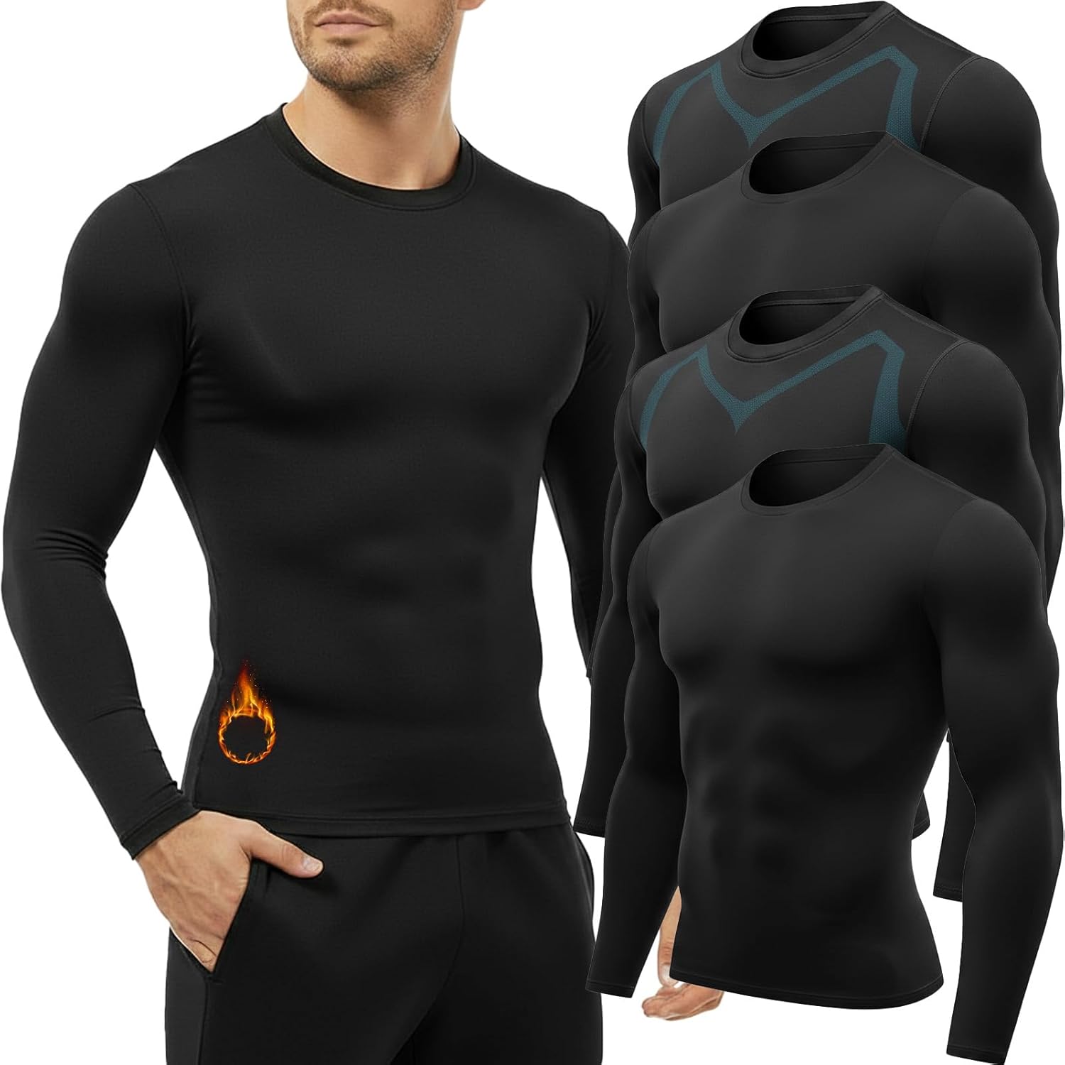 Coume 4 Pack Men's Thermal Compression Shirts Fleece Lined Long Sleeve Undershirt Athletic Base Layer for Cold Weather