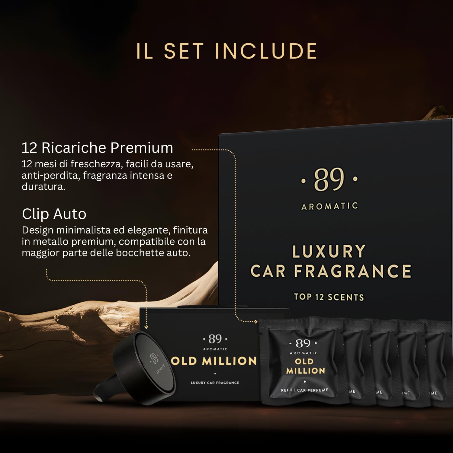 Aromatic • 89 • Profumo per auto, profumo auto, 12 mesi, deodorante per auto, profumo interno con 12 capsule di profumo, deodorante per auto, deodorante, rimuove gli odori, set regalo