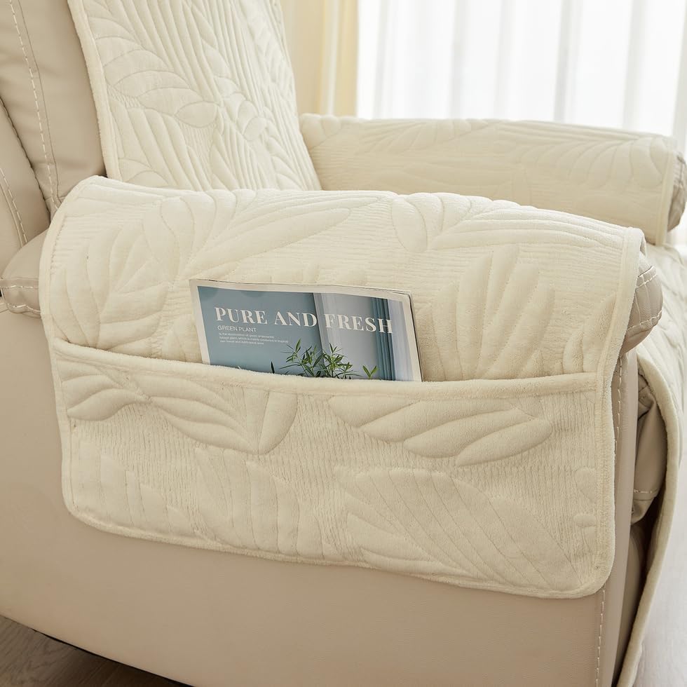 ROOMLIFE Palm Leaves Velvet Plush Quilted Recliner Chair Covers, Soft Non-Slip Dog Chair Cover Furniture Protector Washable Slipcover with Pocket, Elastic Straps for Pets, Kids (White, 23.6"X 91")