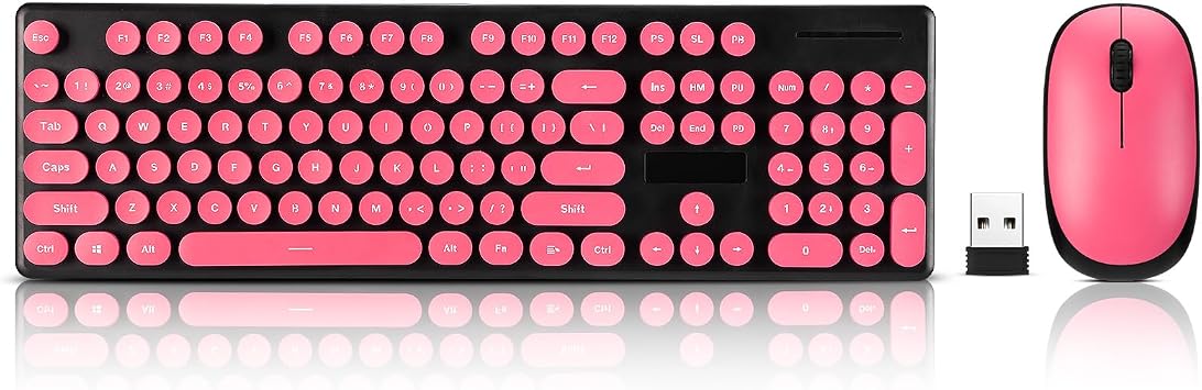 Wireless Keyboard and Mouse Combo, Full Size Compact Quiet Wireless Keyboard and Mouse Set 2.4G Ultra-Thin Sleek Design for Windows, Desktop, PC, Notebook, Laptop,Round Keys Rose Red with Punk