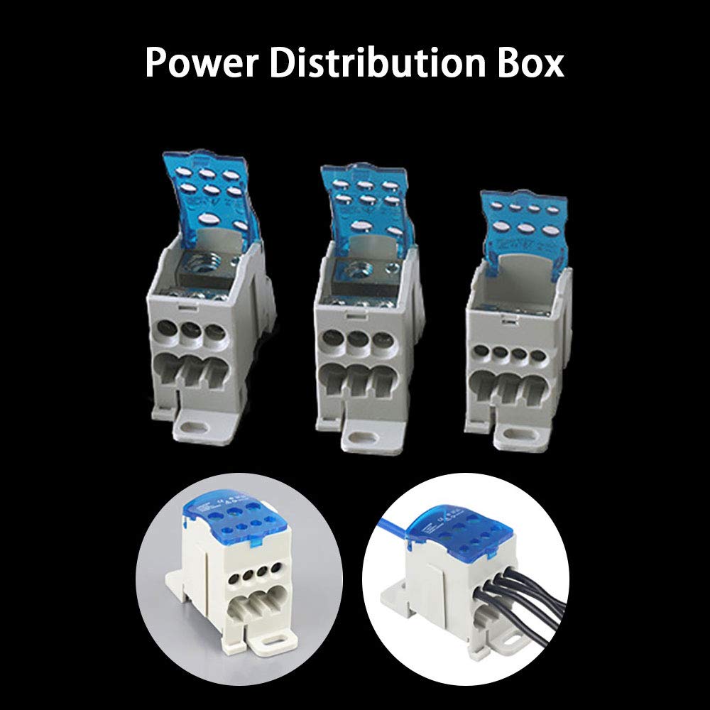 UKK 80A DIN Rail Distribution Terminal Block – 1-in 6-out Junction Box, Transparent Cover, Copper Terminals, For High Voltage Cabinets