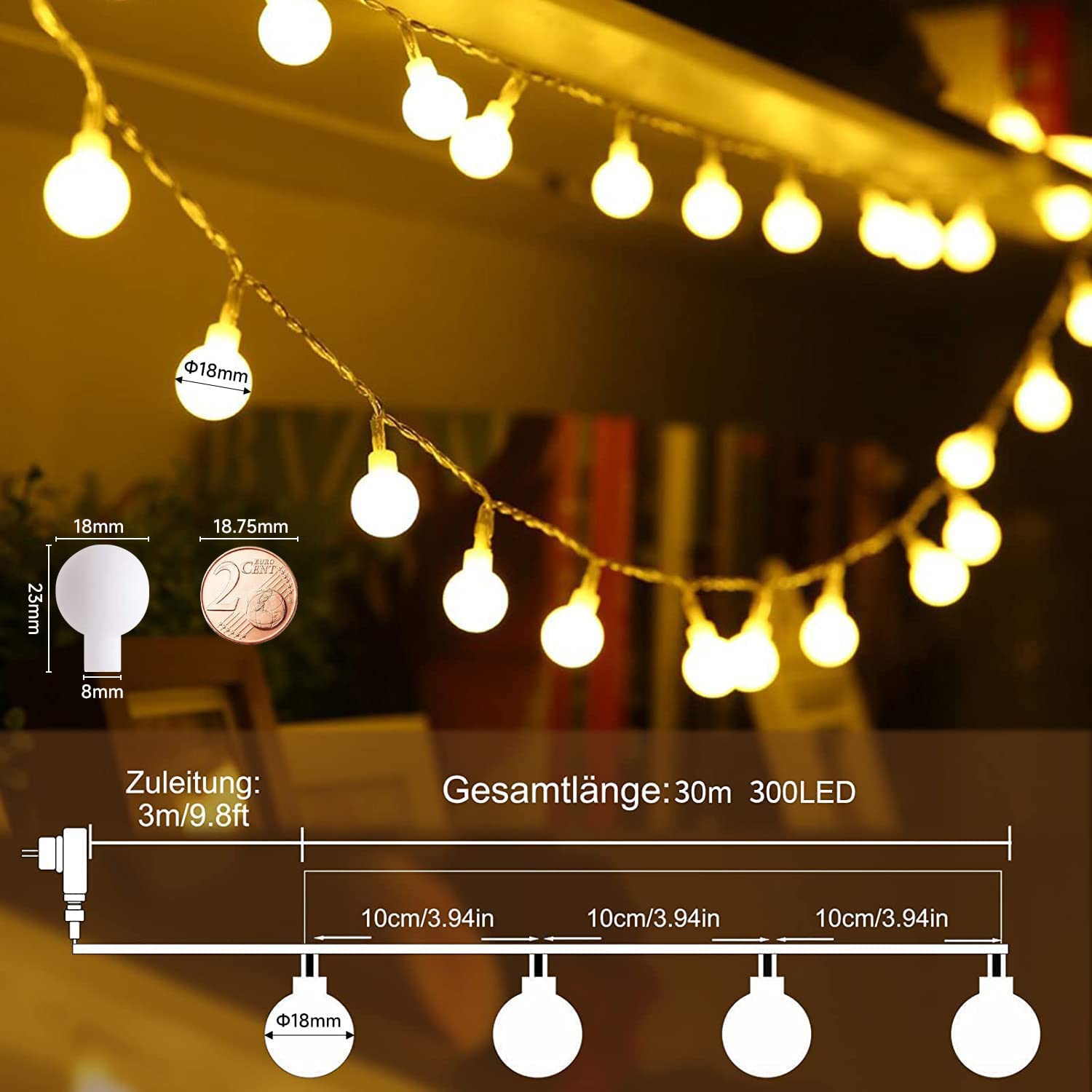 WOWDSGN Cadena de Luces de Bola 300 Leds 30m,Guirnalda Luces Navidad con Enchufe,Apto para Interior y Exterior,8 Modos de Luz,Ideal para Navidad Boda Fiesta Jardín,Blanco Cálido