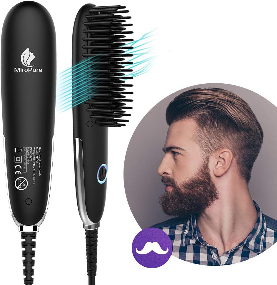 Miropure Beard Straightener for Men, Mini Beard Straightening Heat Brush Comb Ionic - Electric Dual Voltage (100V-240V) - For Home & Travel