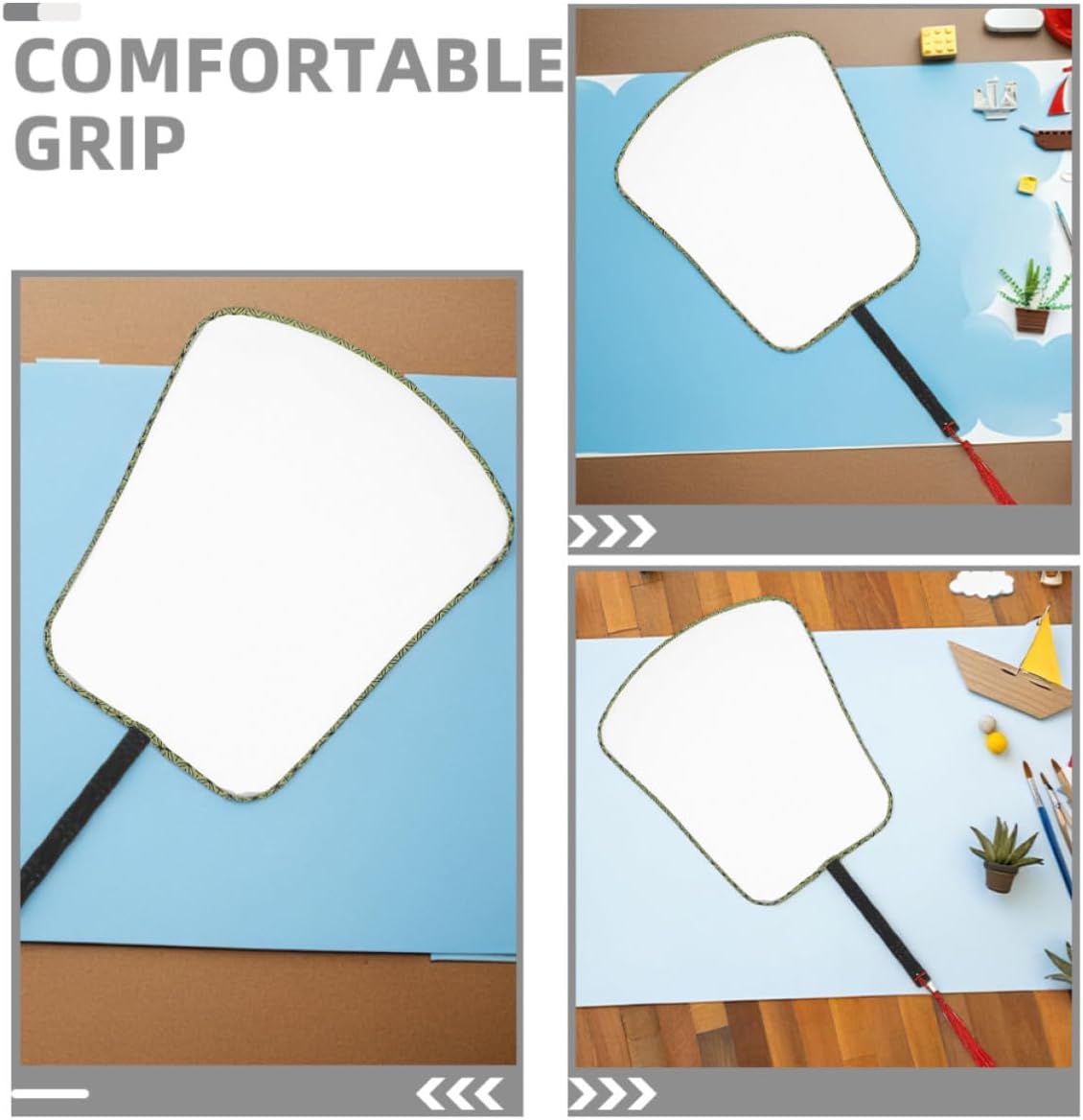 Beavorty 3pcs White Handheld Paddle Fans for Painting and DIY Crafting, Blank Banana Leaf Style Silk Cloth Fans with Wooden Handles, for Art Projects and Creative Family Activities