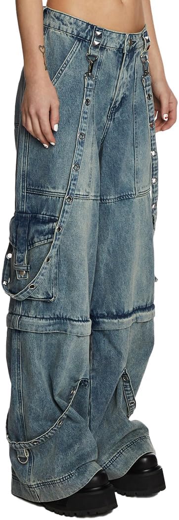 Dolls Kill Dual Delight Convertible Jeans by Current Mood – Washed Denim with Detachable Straps and Zip-Off Legs