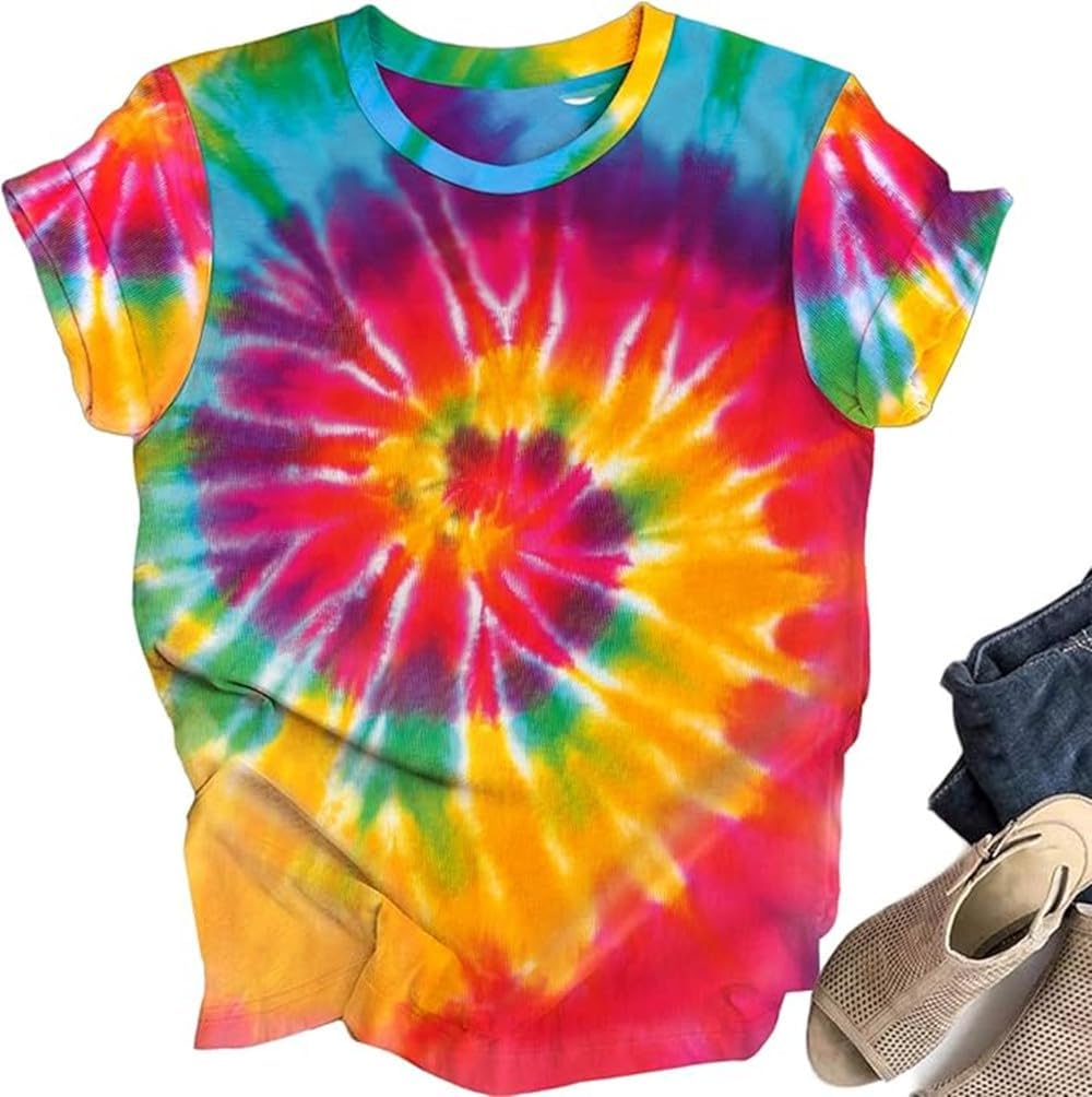 Women's Tie Dye T-Shirt Hippie Shirt Peace Sign Tshirts Hippy Peace Costume Retro Hippie Casual Top Tee (US, Alpha, XX-Large, Colors)