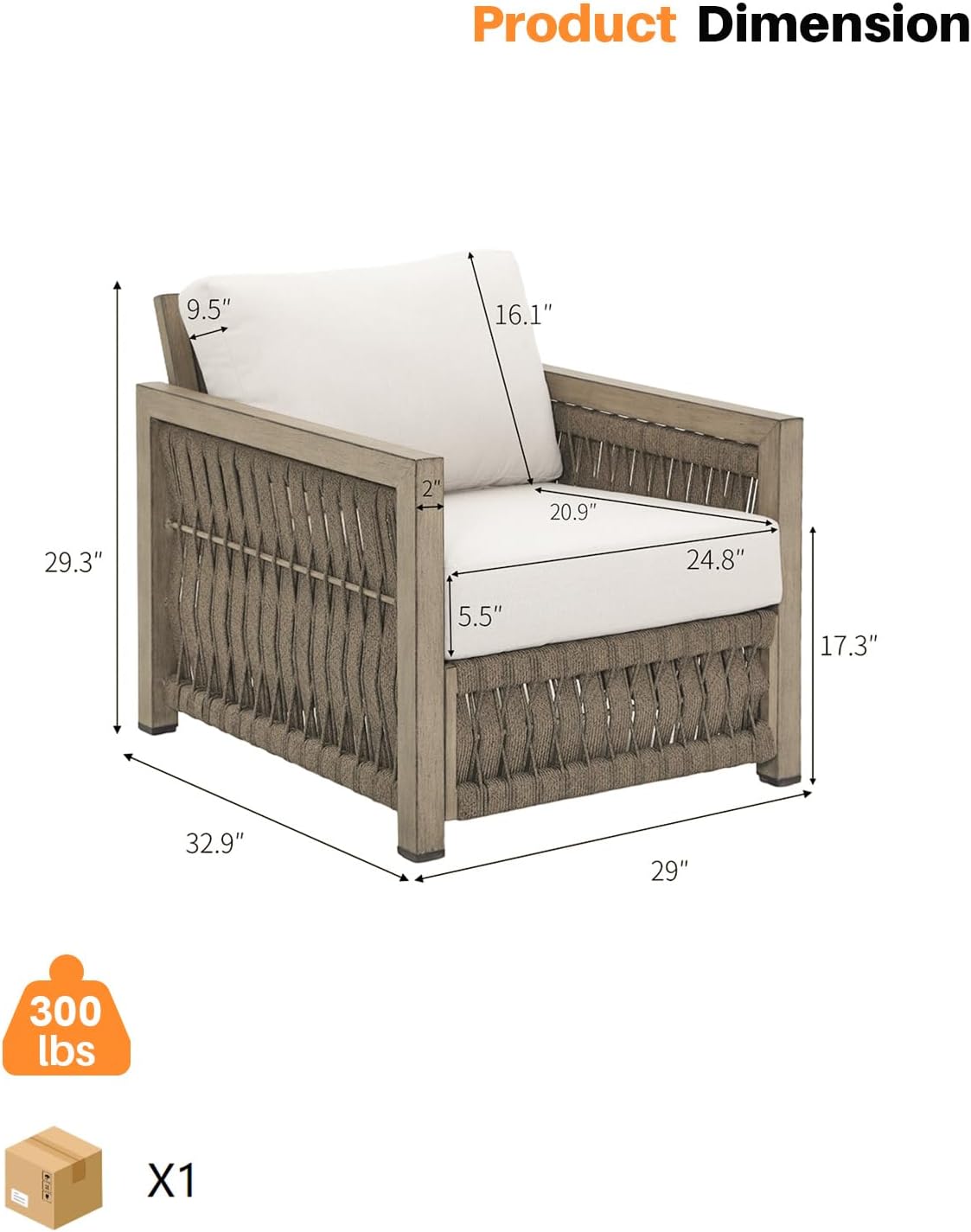Patio Sofa Chair, Never Rusts Aluminum Outdoor Armchair with Washable Cushions, Rope Weave Outdoor Sofa Chair Patio Sofa Armchair, Deep Seating Patio Furniture for Garden, Porch, Gray Oak