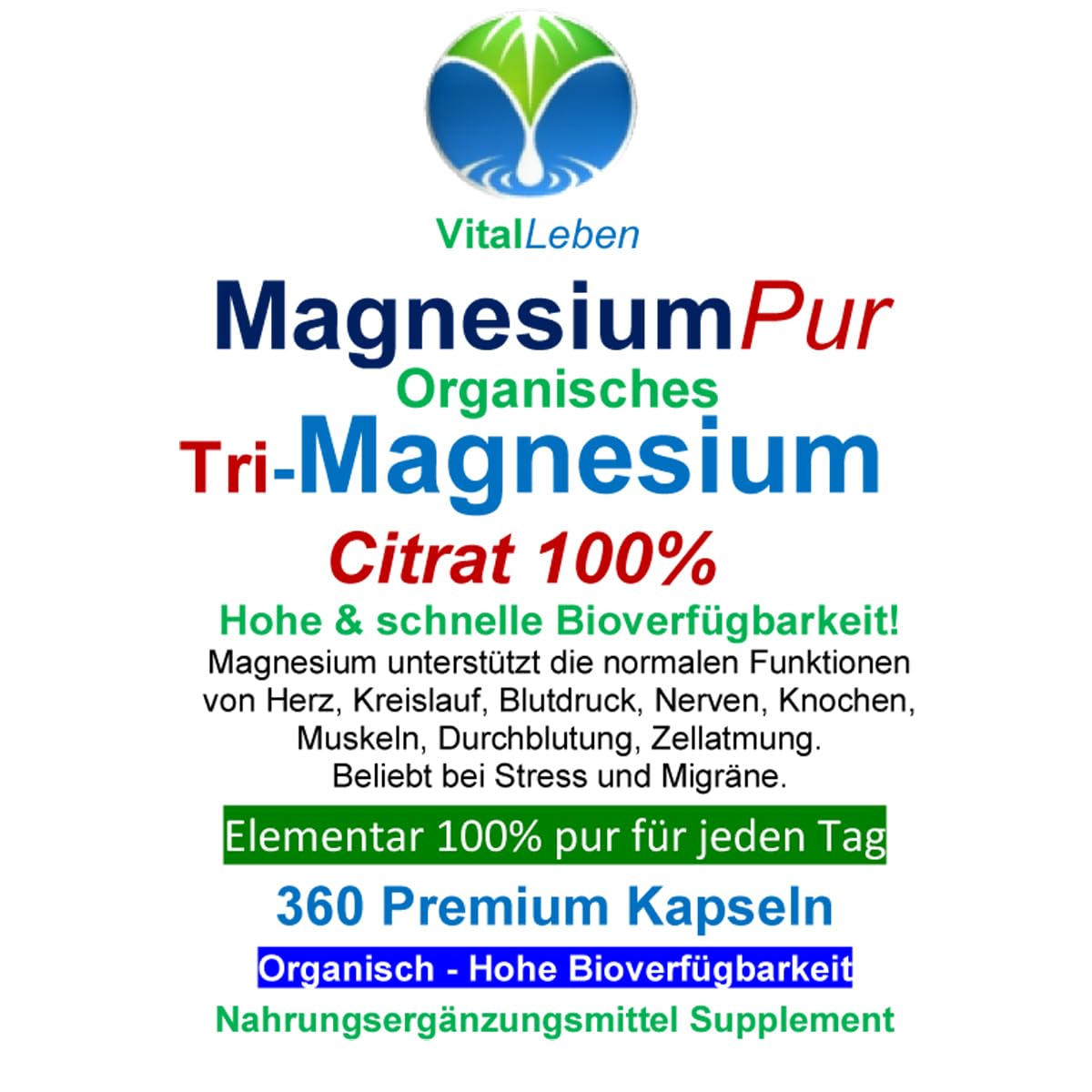 Magnesium Citrat 1080 (3x360) Pulver Kapseln organisches PREMIUM TRI-MAGNESIUMCITRAT. Elementar. OHNE ZUSATZSTOFFE. Schnelle Aufnahme. HOHE BIOVERFÜGBARKEIT. Nie mehr Magnesiummangel 27140-7