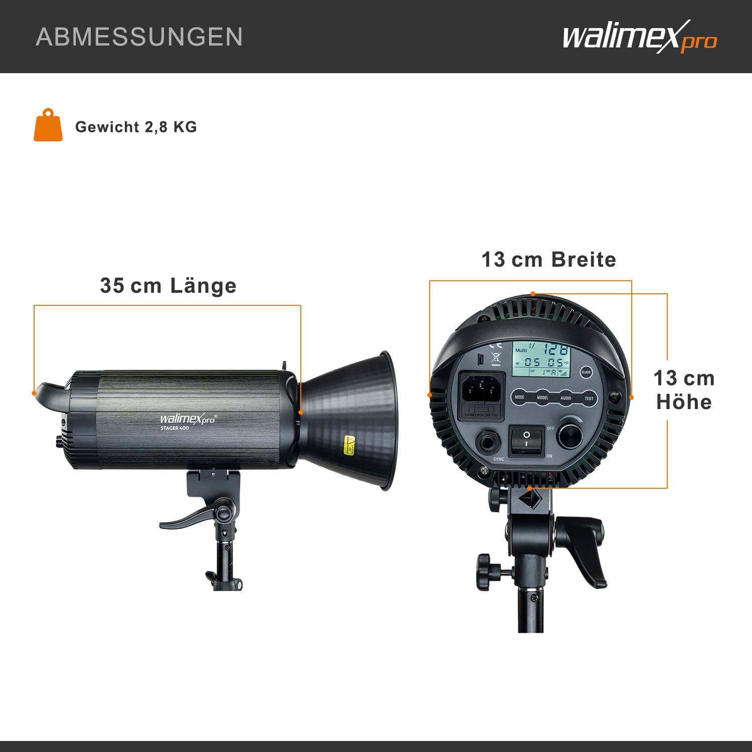 Diagram showing the dimensions of the Walimex pro Stager 400 HSS Studio Flash.