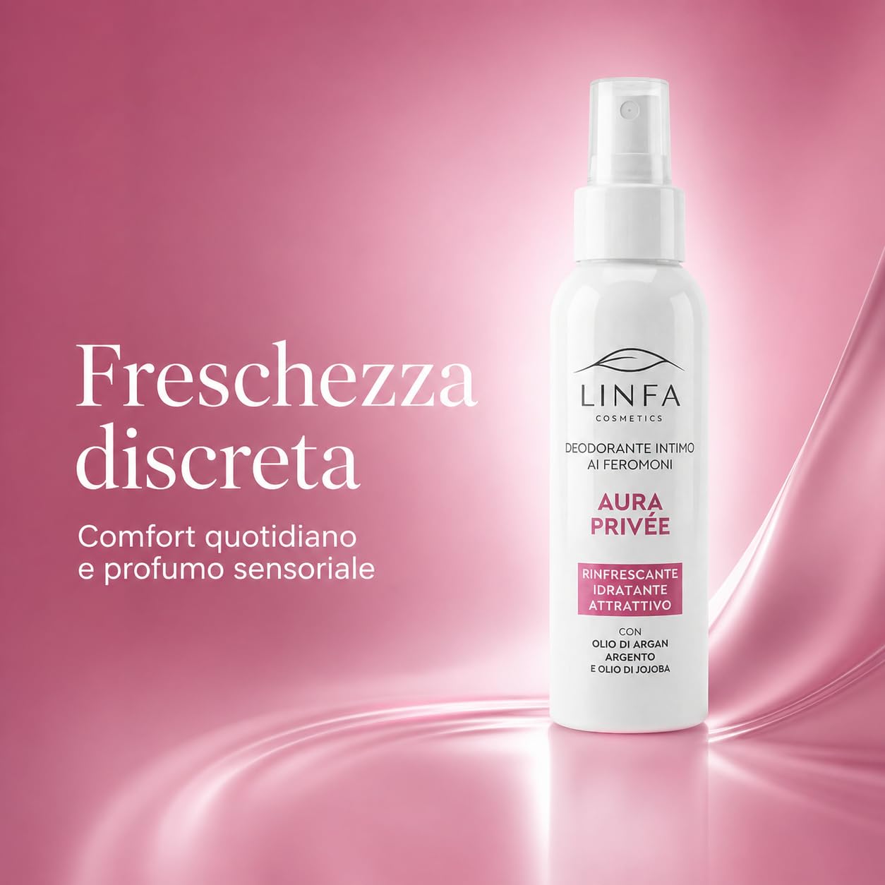 Linfa Cosmetics Aura Privée Deodorante Intimo ai Feromoni, Spray Donna con Profumo Vaniglia, Aloe, Ginseng, Guaranà e Bisabololo, Freschezza Anti Odore per Zone Intime Esterne, 100 ml