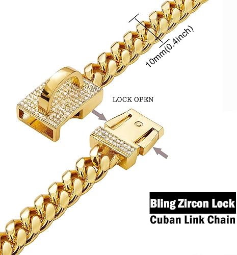 Miniatura 2 de Collar de cadena de oro de acero inoxidable fuerte con bloqueo de circón brillante y etiqueta de identificación, collar de cadena de eslabones