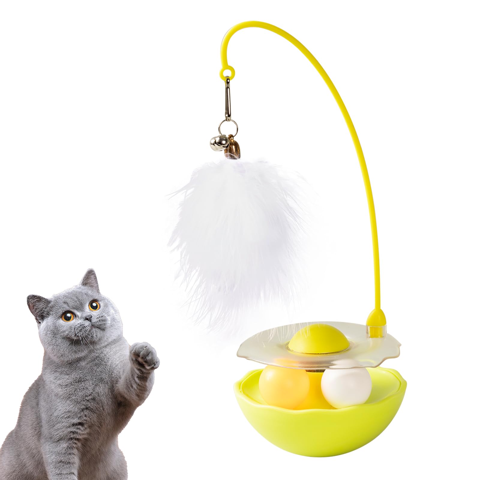 Rislobx 3-in-1 Tumbler Catnip Toy Interactive Cat Toys Cat Teaser with Feather and Bell, Track Balls Kitten Toys for Indoor Cats 9.8'' High (Yellow)