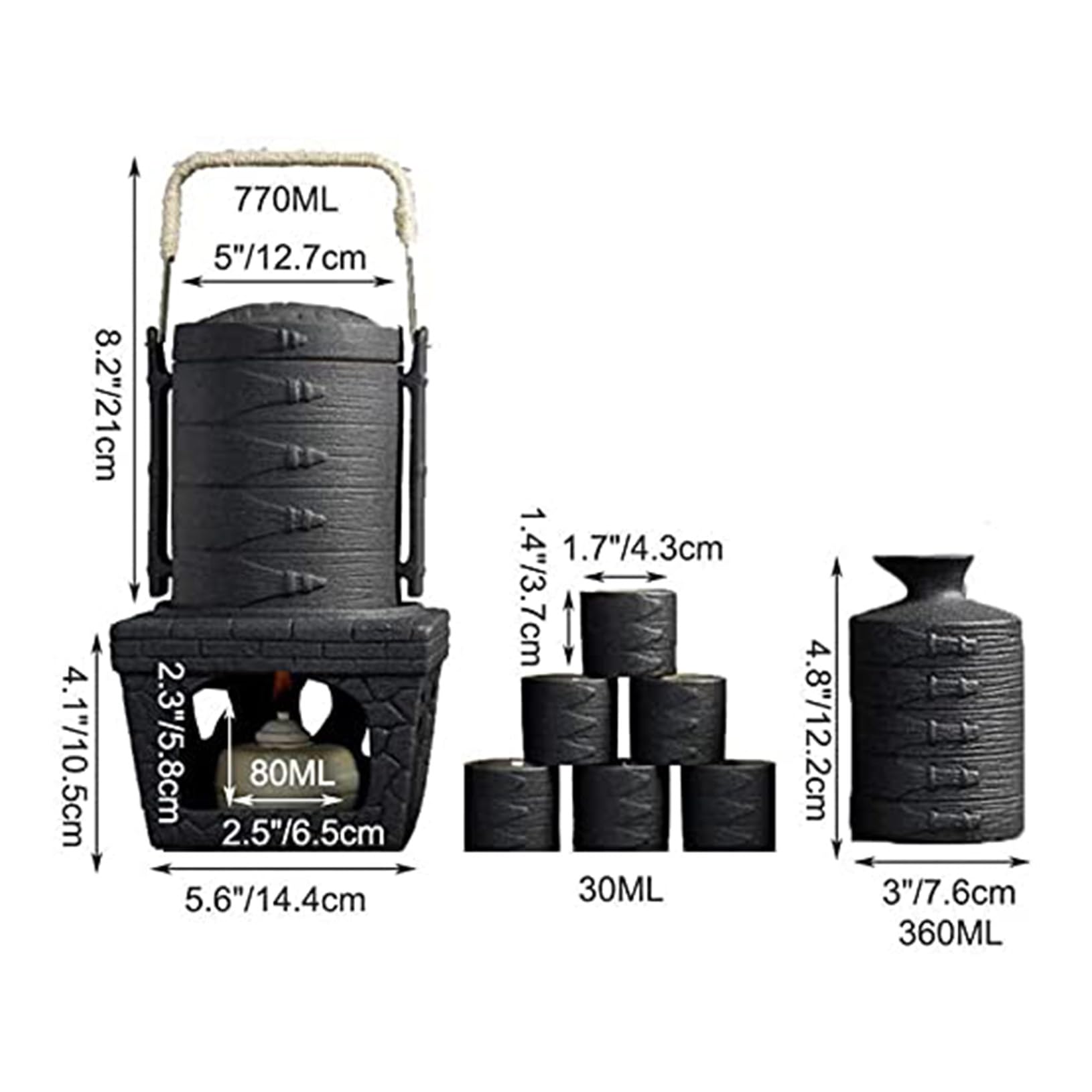 Set di 9 sakè in Ceramica Grezza con teiera riscaldante e teglia per Candele, Set di sakè in Ceramica Nera Smaltata Giapponese per tè Freddo/Caldo/Shochu/Nero