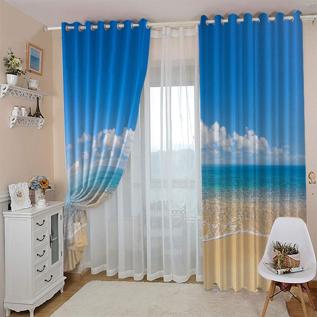 Rideaux Et Draperies Intérieurs 3D Nuages Blancs Vue Mer Ciel Bleu Motif Rideau Occultant À Oeillets Decoration Salon Chambre Maison pour Enfant Adulte 2 Pièces 280X160Cm Design Moderne Imprimé