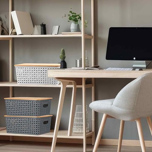 Miniatura 6 de Barydat Paquete de 8 cestas de almacenamiento de plástico con tapa de bambú, contenedores de almacenamiento con tapa para estantes, cajones,