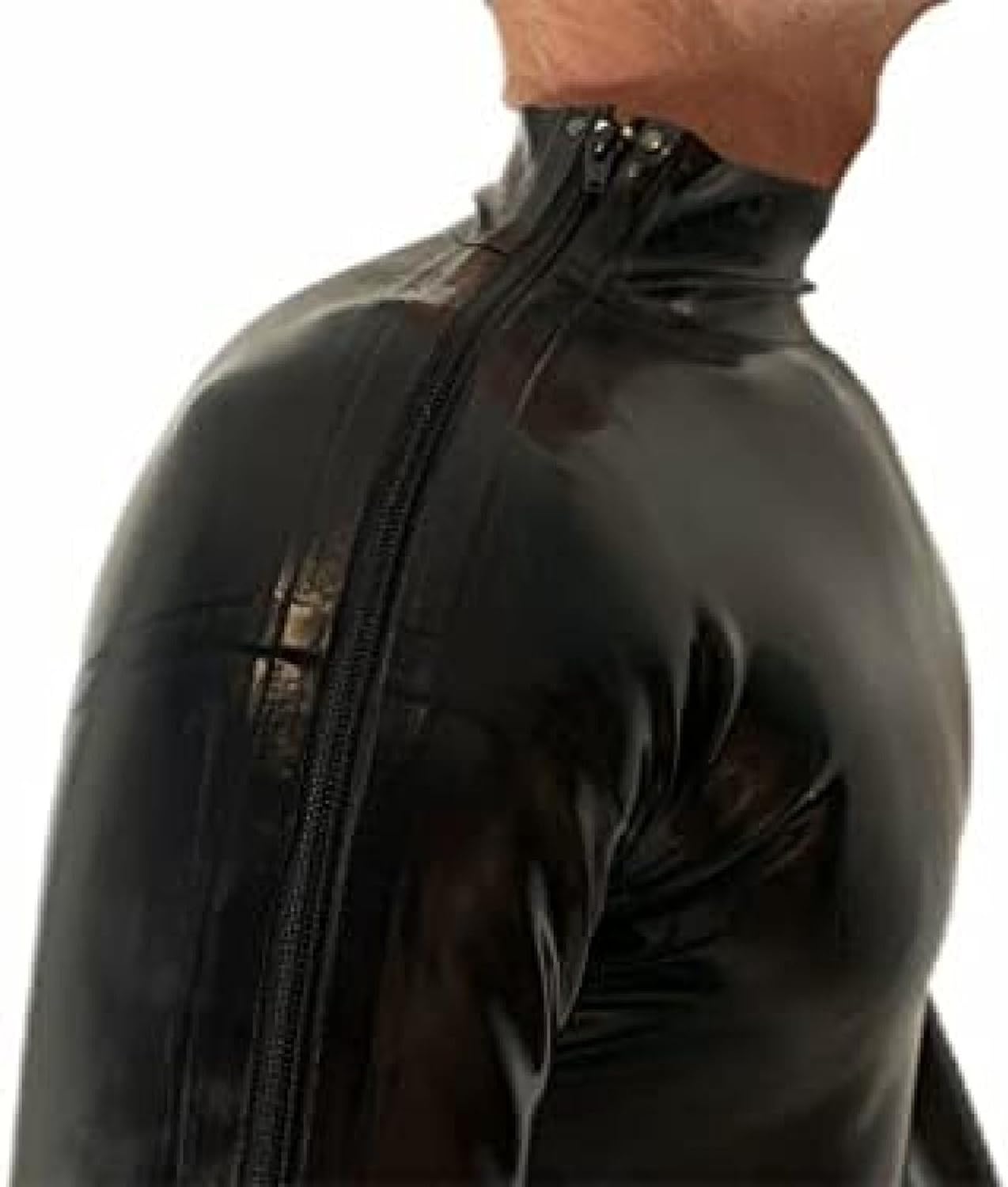 Men's Latex Bodysuit Open Crotch Hole with Shoulder Strap Zipper-Black,Black,3XL