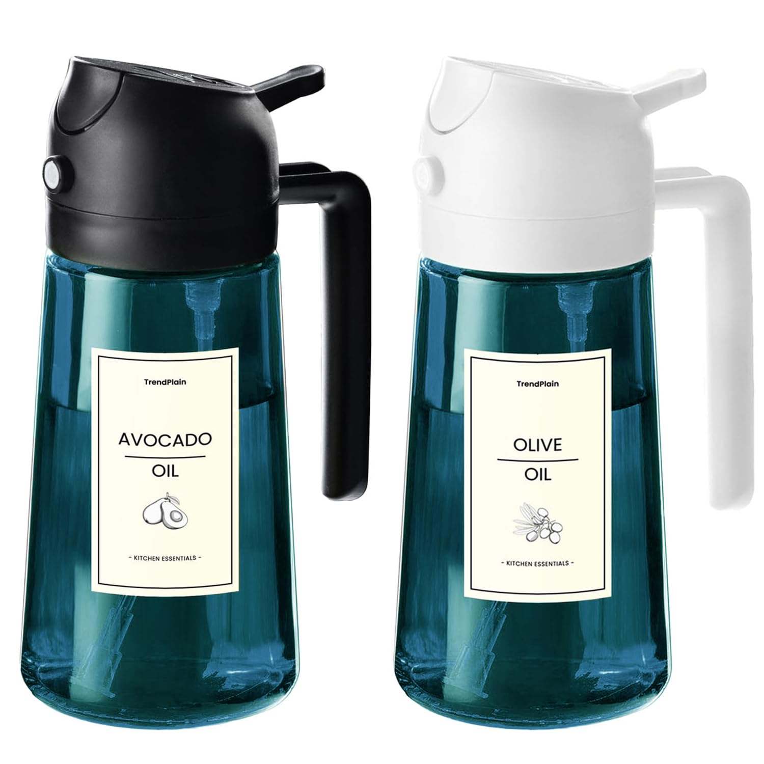TrendPlain 16oz/470ml Blue Glass Olive Oil Sprayer for Cooking - 2 in 1 Olive Oil Dispenser for Kitchen Gadgets, Air Fryer, Salad, and BBQ - Black & White