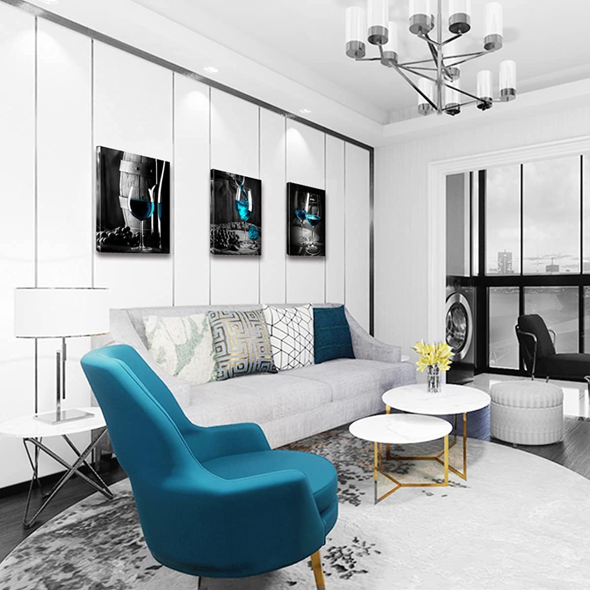 Turquoise Wine Wall Art for Kitchen Teal Wall Decor Living Room Gray and Black Wine Glass Canvas Pictures Dining Room Art Wall Decor Casks Posters Family Bar Modern Home Decorations 12x16" 3 Piece/Set