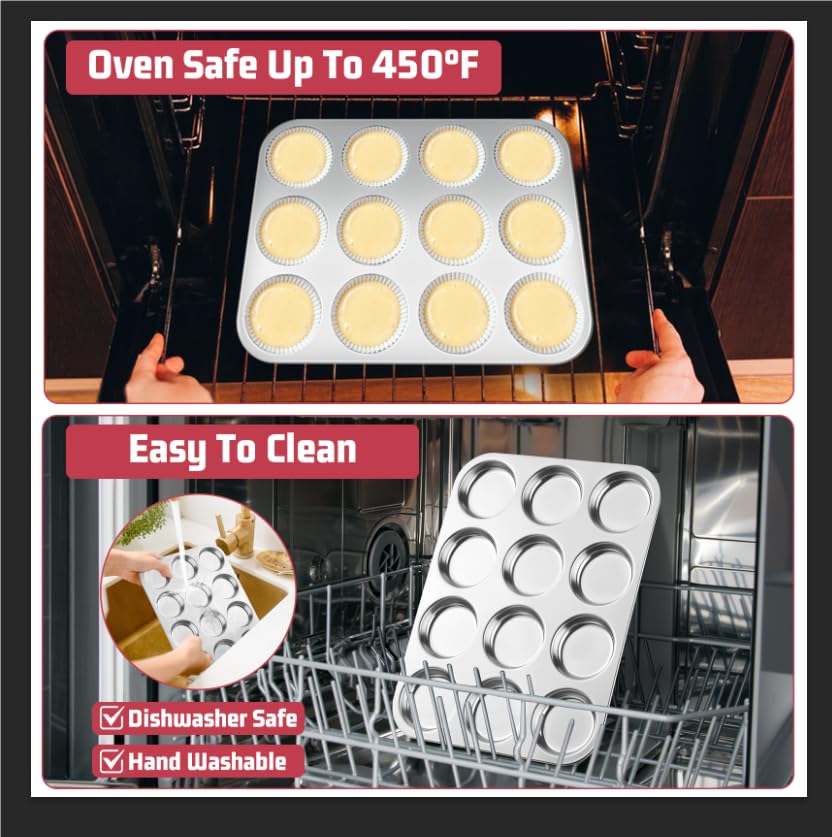 Image of E-far Muffin Top Pan, 12-Cavity Stainless Steel Shallow Cupcake Pan for Yorkshire Pudding, Eggs, Whoopie Pie, Cornbread, Non-toxic & Dishwasher Safe - 2 Pcs